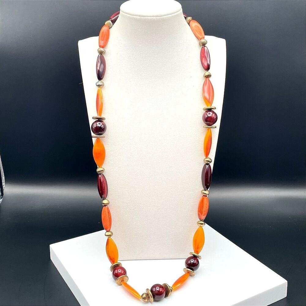 Vintage Orange & Burgundy Beaded Necklace Gold Tone Autumn Boho Style